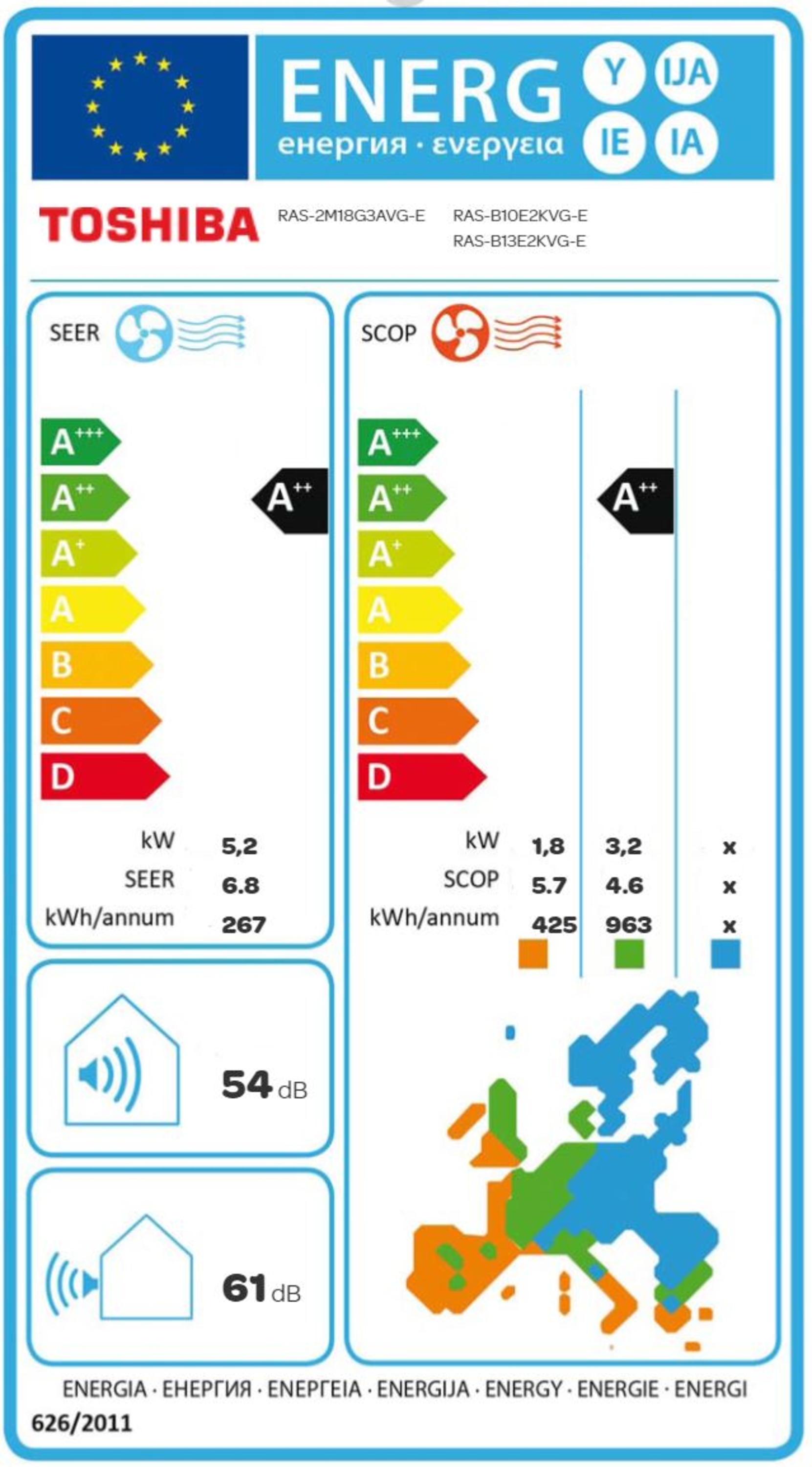 R106509 Energietikett Toshiba 2M18 med Seiya 10 og 13 innedeler