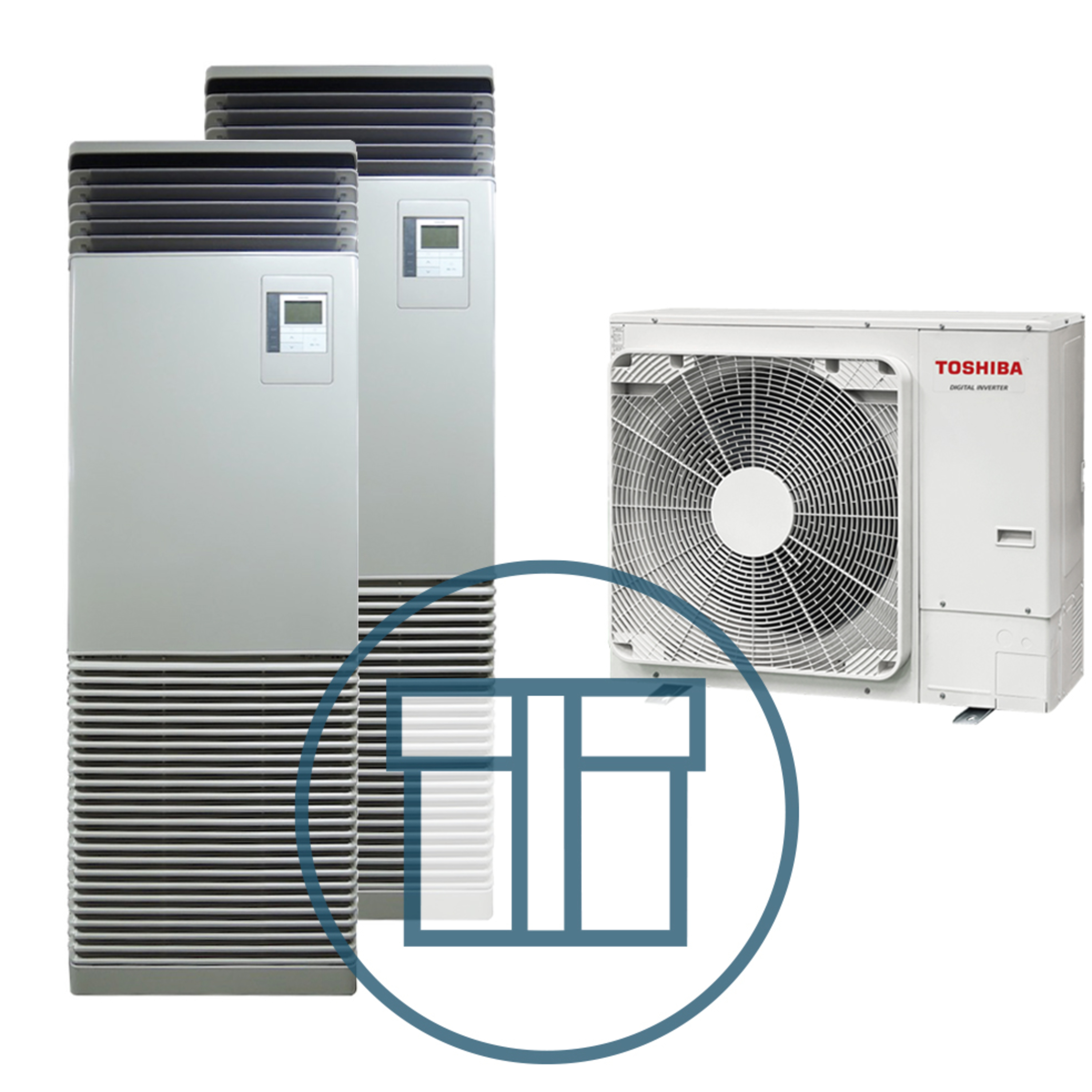 Digital Inverter 1603 m/ 2 x 801 gulvstående innedel, systempakke luft-luft varmepumpe