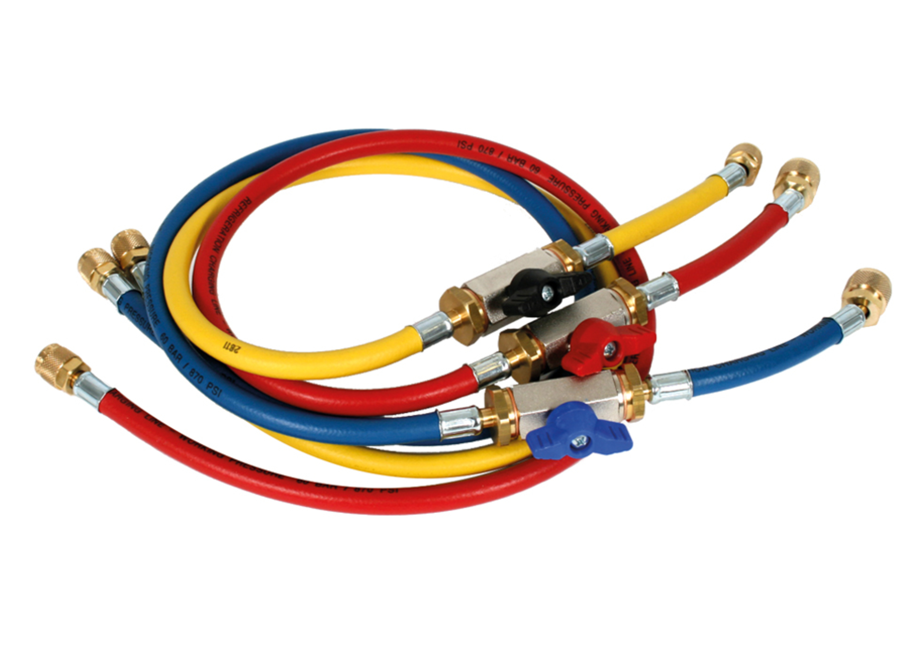 Fylleslangesett med kraner, for manometer. Rød/gul/blå slanger 1,5 m lange