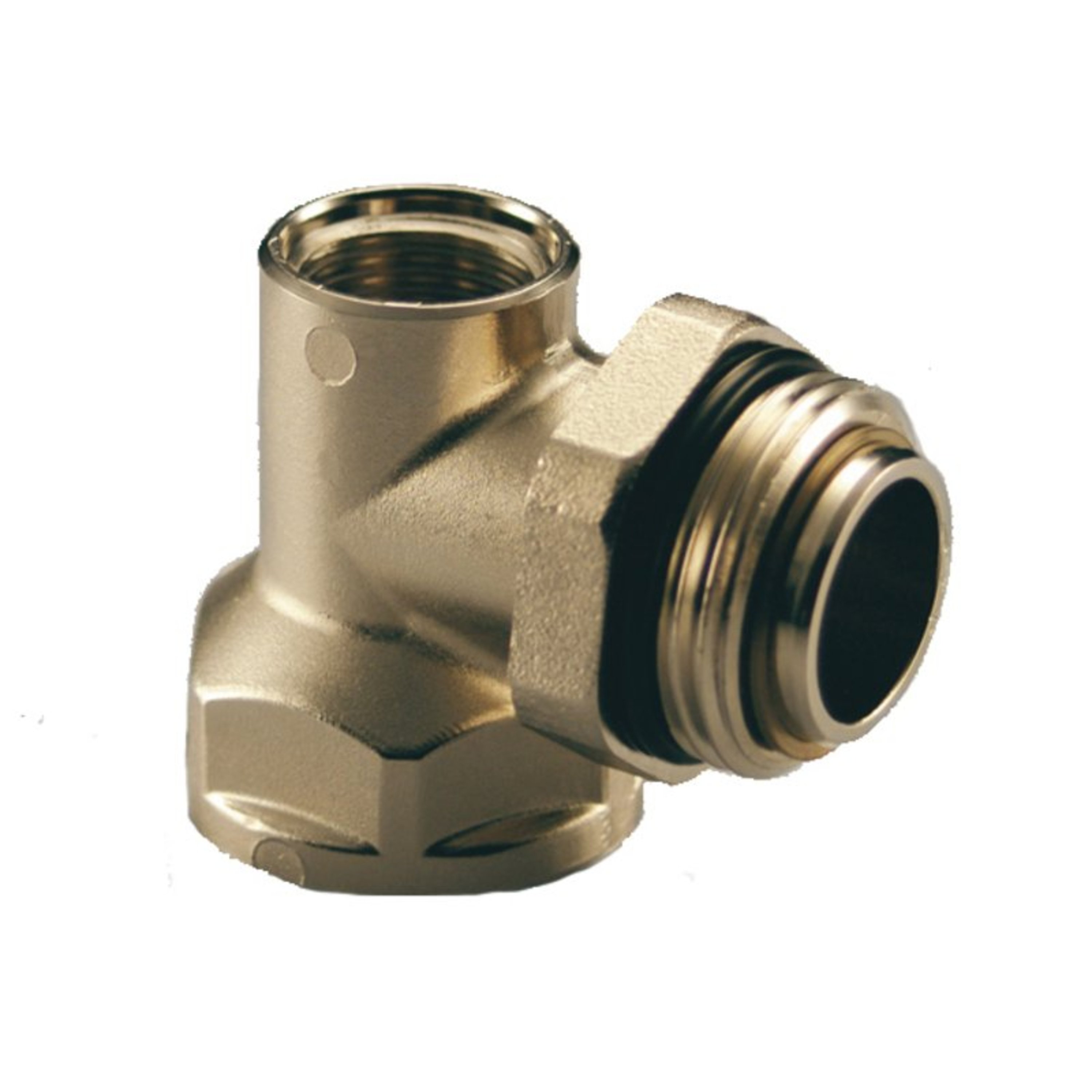 Forniklet albue 1" innv./utv. gjenger, med 1/2" innv. gj. for lufteventil, kort