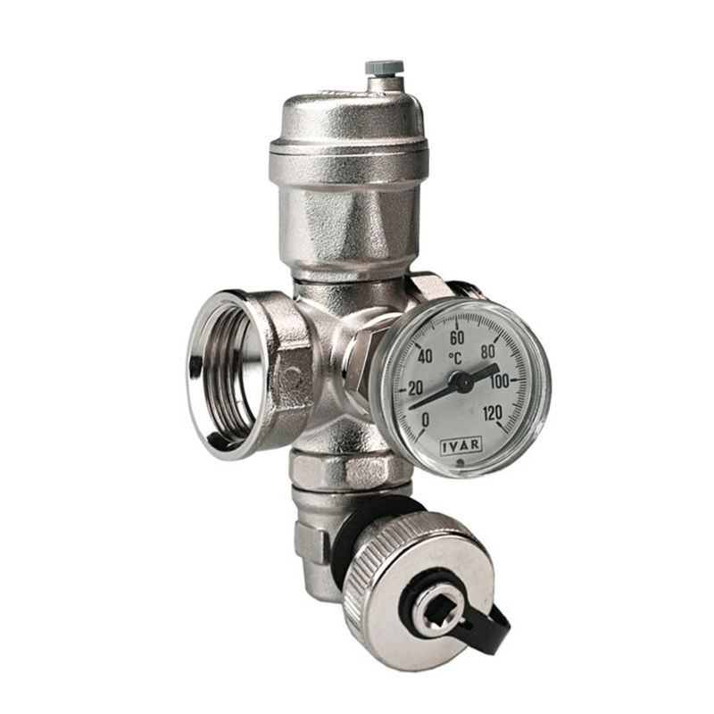 Mellomstykke m/termometer, luftepotte, påfyllings-/avtappningsventil, 1" innv./utv. gjenger