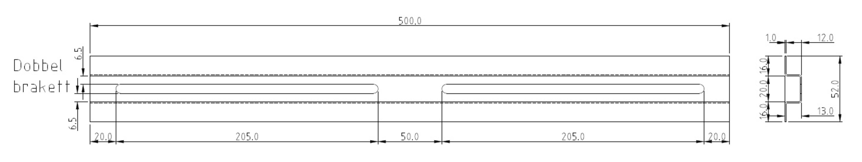 Dobbel brakett for VTS og VTS/S skap, H 52 x L 500 mm