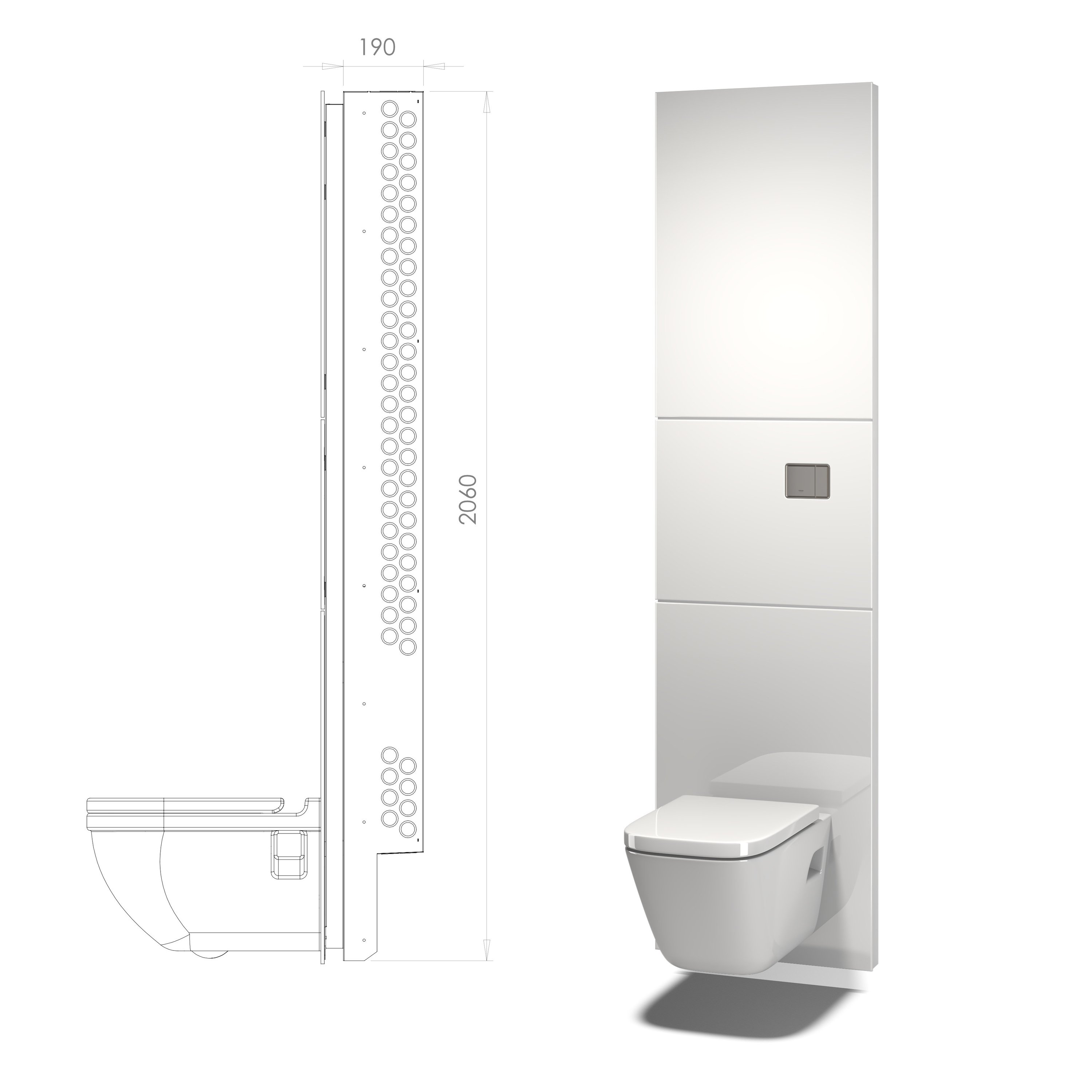 Unopax MAXI SOLID BACK inkl. glass, hvit, sisternetank og trykknapp, 2060x600x198 mm