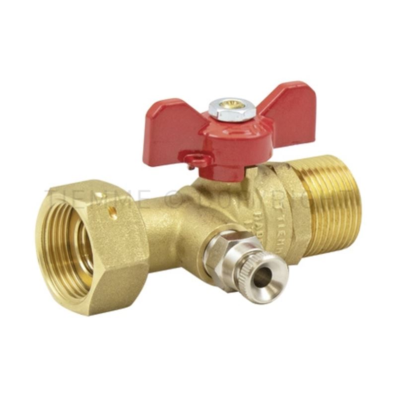 Kuleventil med drenering, 3/4&quot; roterende mutter x 3/4&quot; utv. gjenger, r&#248;dt grep