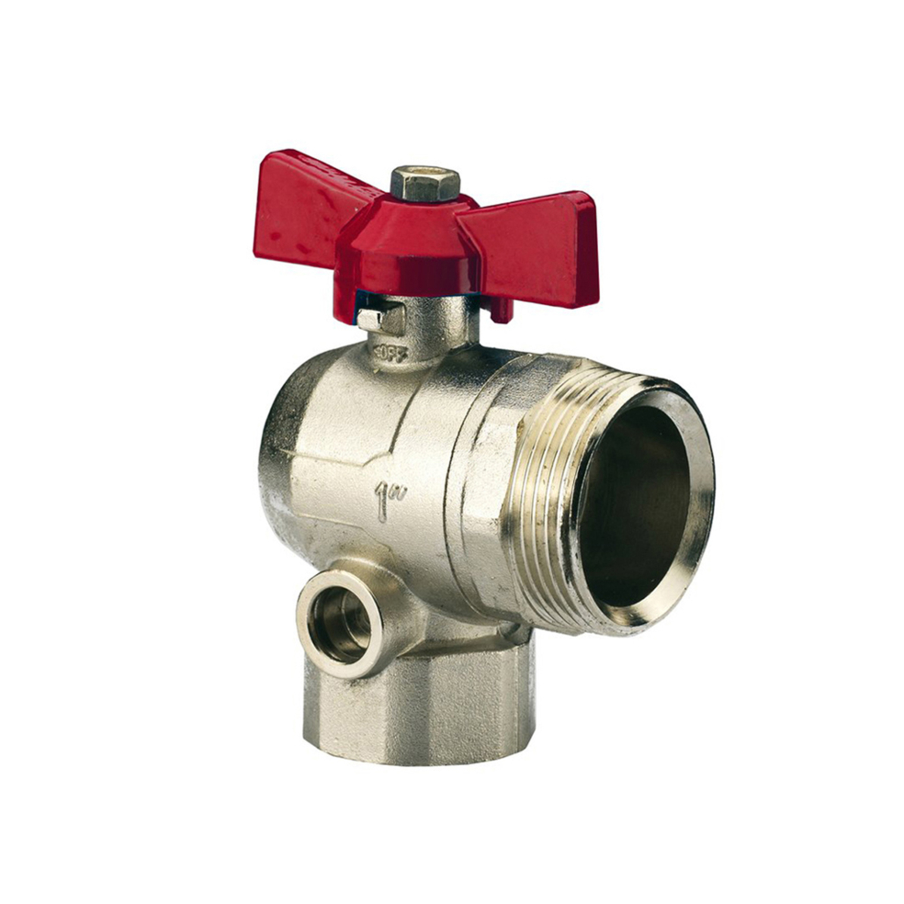 Kuleventil for unionskobling 1" x 1 1/4" innv./utv. gjenger, rød vinkel 