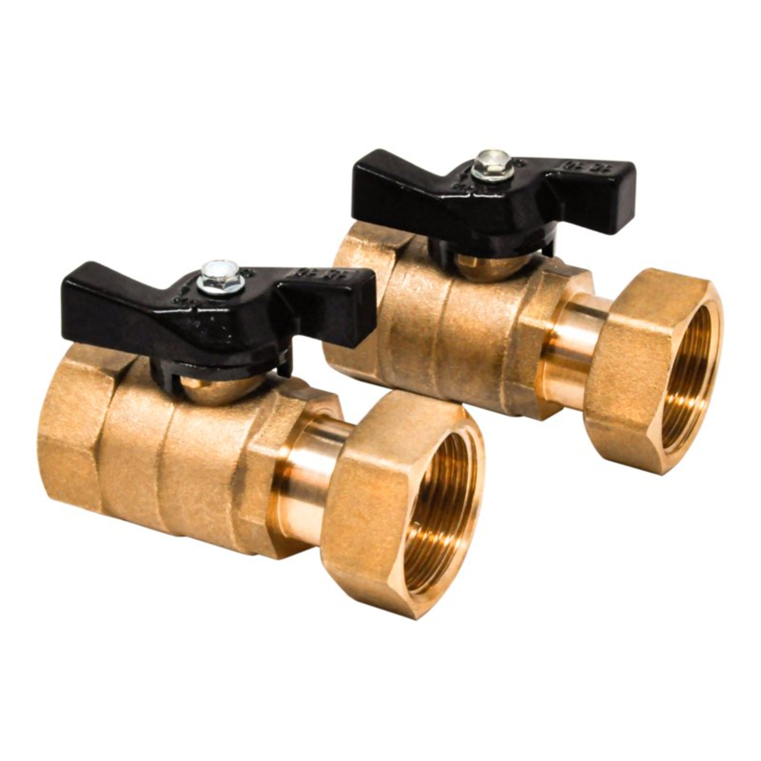 Union med avstengning og roterende mutter, 1" x 3/4" (sett à 2 stk)