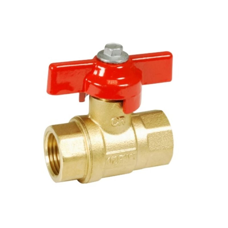 Kuleventil i messing med T-grepp Rød, til tappevann, 3/4'' innv./innv. gjenger