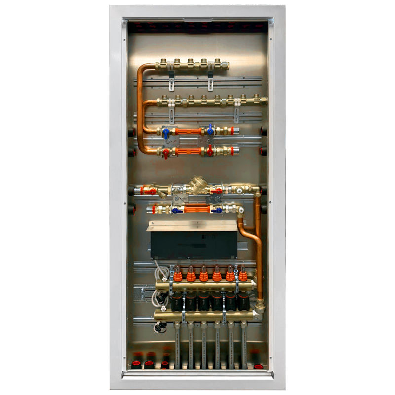 Kombiskap med ramme og dør, rørsett og fordelere, 7 GV, 5 KV, 3 VV, 1480x550x108 mm