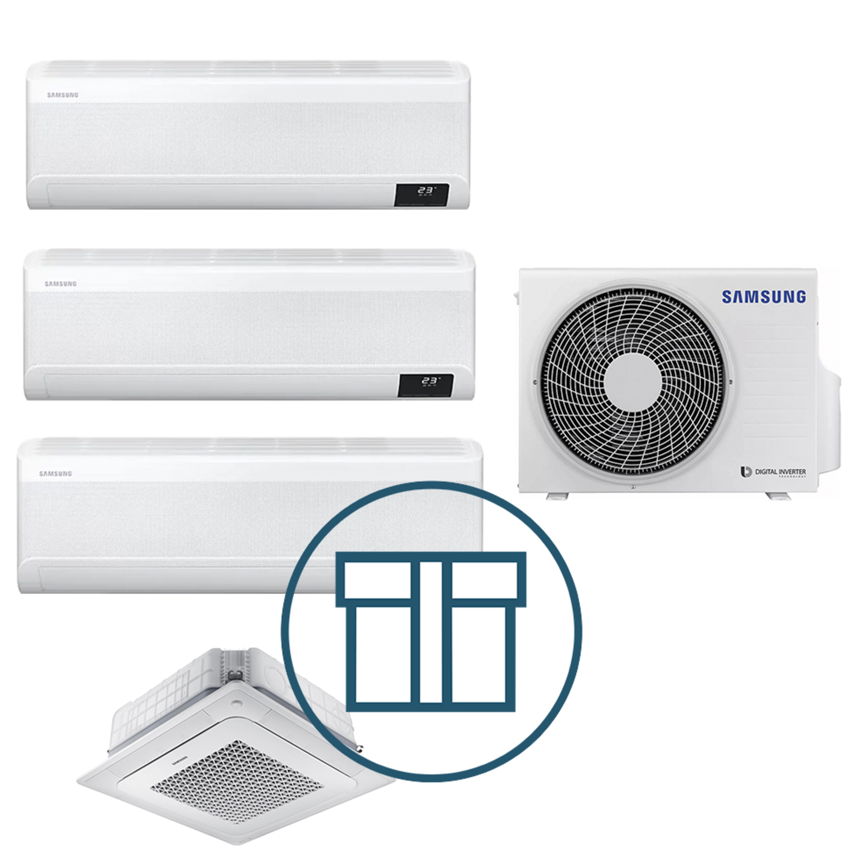 Systempakke luft-luft, Multisplitt 052 med Wind-Free™ høy vegg + kassett - R32