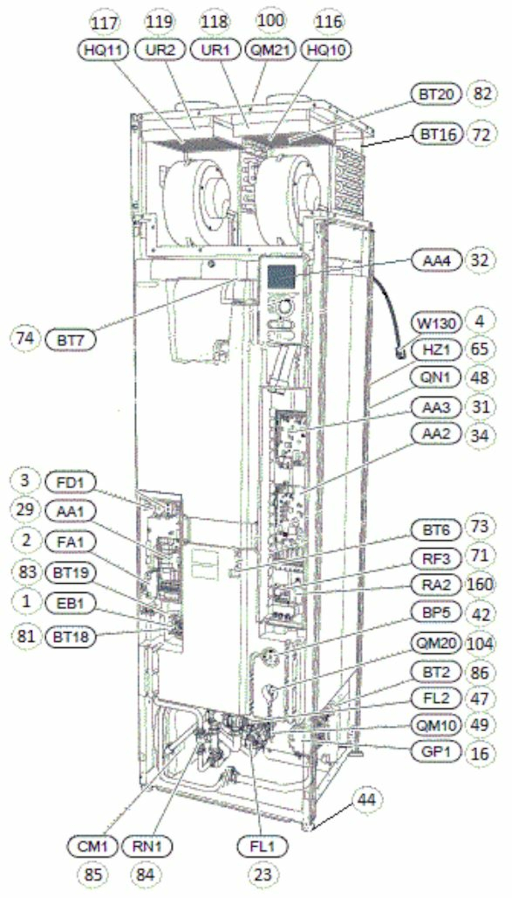 F470 R, 3~ 230 V, avtrekksvarmepumpe m/bereder og 0-9 kW el.kolbe