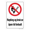 Forbudsskilt:&quot;R&#248;yking og bruk av &#229;pen ild forbudt&quot; 200 x 300 mm