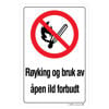 Forbudsskilt:"Røyking og bruk av åpen ild forbudt" 200 x 300 mm