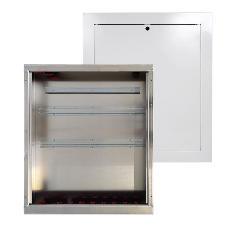 Gulvvarmeskap for 2-12 kurser, HxBxD 720x850x108 mm, inkl. ramme og d&#248;r, RAL 9010