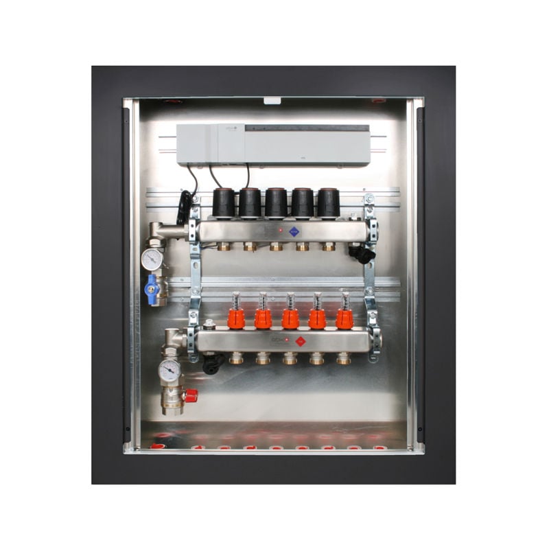 Gulvvarmeskap med rørfordeler, HxBxD 720x850x108 mm, DN25 x 9 kurser EK, m/ sort ramme og dør