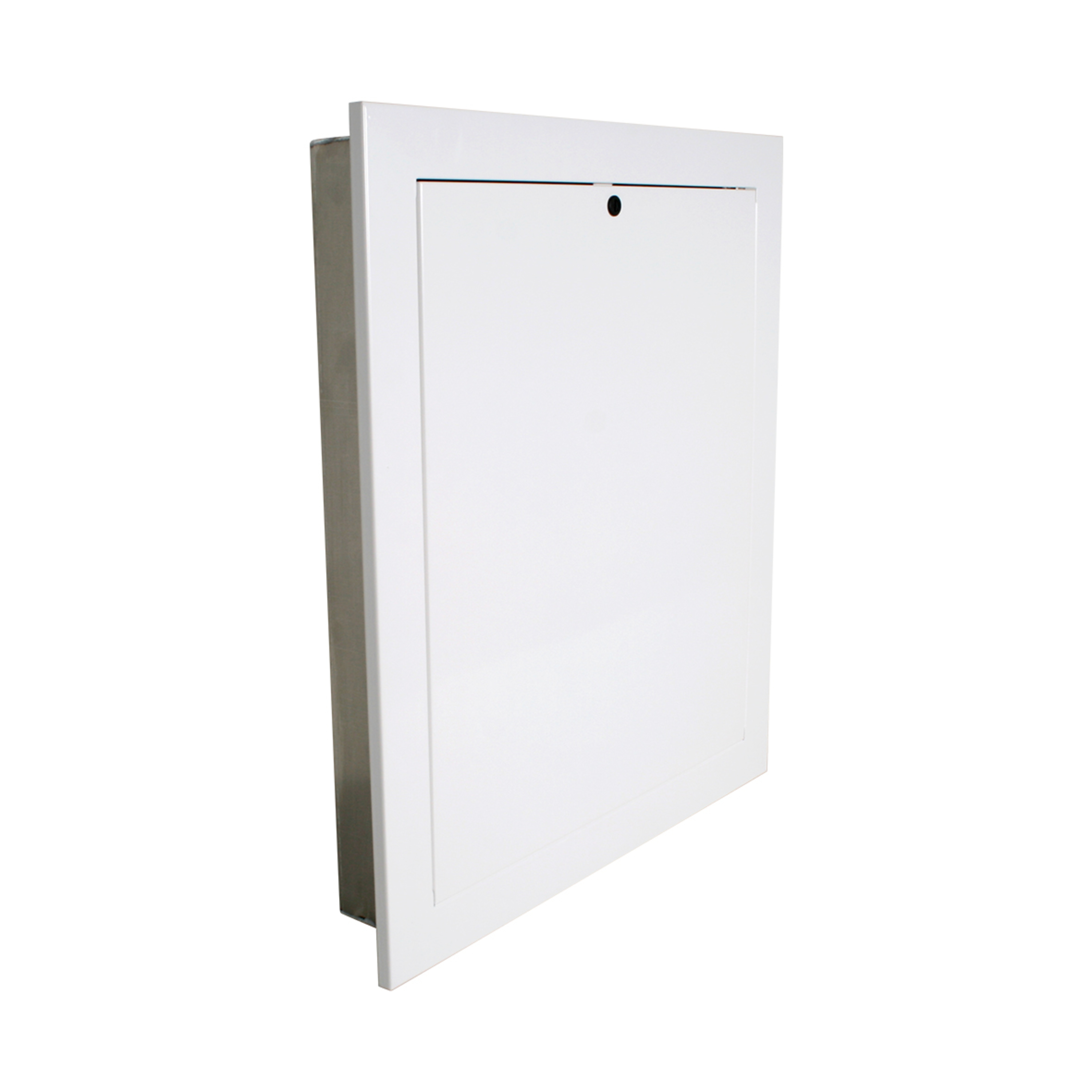 Gulvvarmeskap med rørfordeler, HxBxD 720x850x108 mm, DN25 x 10 kurser EK, m/ hvit ramme og dør m/ nø