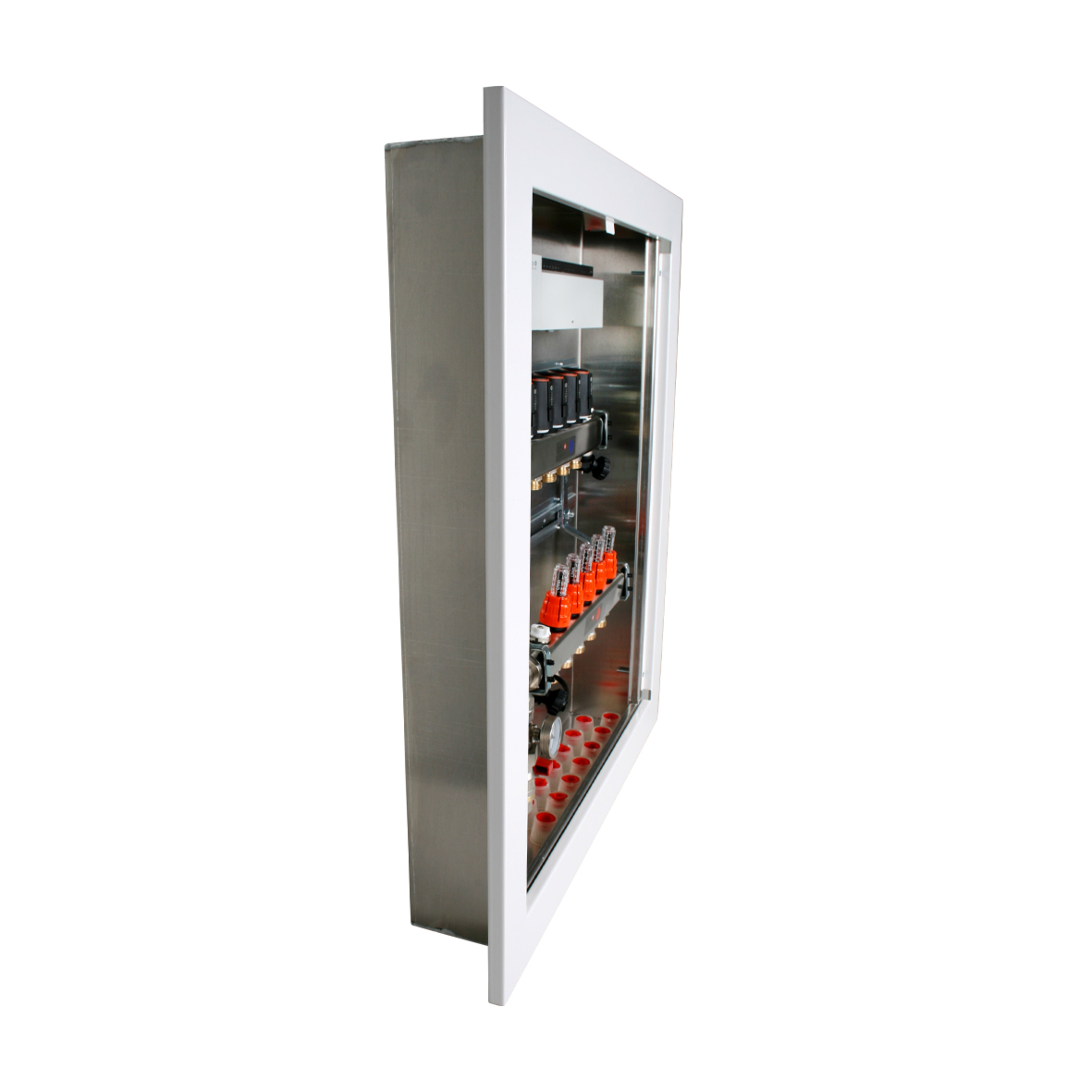 Gulvvarmeskap med rørfordeler, HxBxD 720x850x108 mm, DN25 x 10 kurser EK, m/ hvit ramme og dør m/ nø