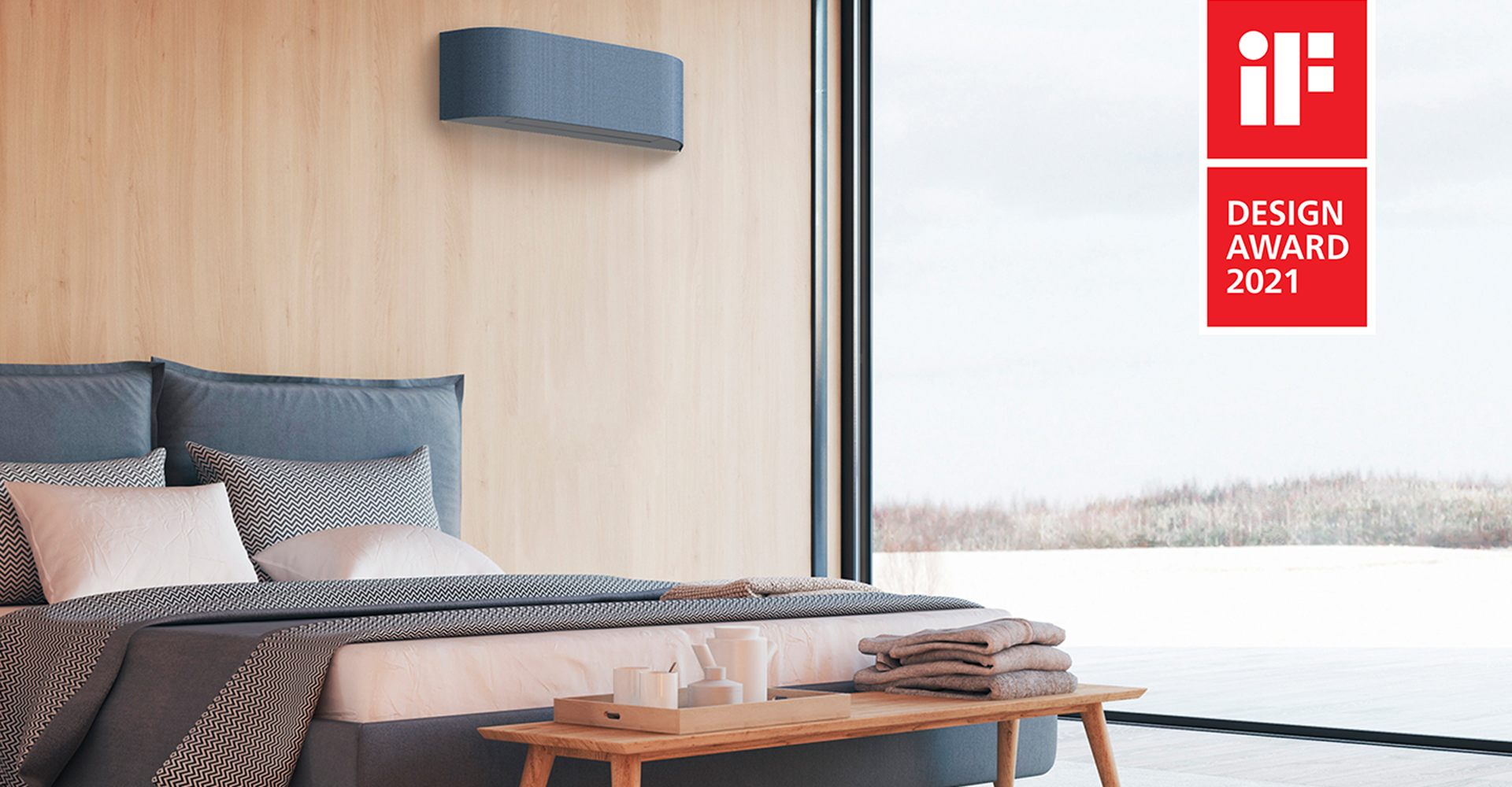 Varmepumpen Toshiba Signatur i tekstilfargen Hav 