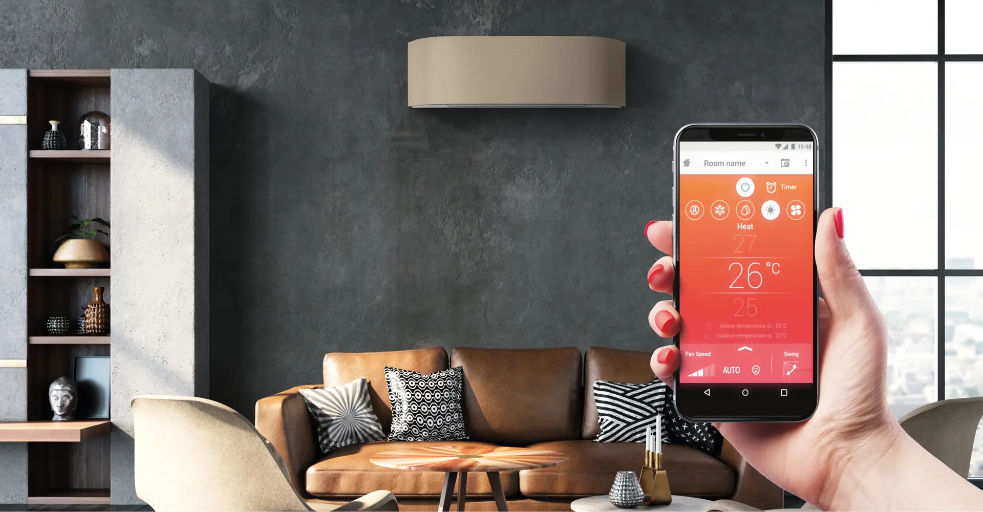 Appen lar deg styre varmpepumpen fra hvor som helst. Toshiba Signatur i tekstilfargen Sand er en naturlig del av innredningen.